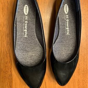 Dr Scholls Black Shiny Flats, Size 8
